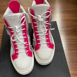 White w/ bright pink accents Giuseppe Zanotti high top sneakers size 39.5
